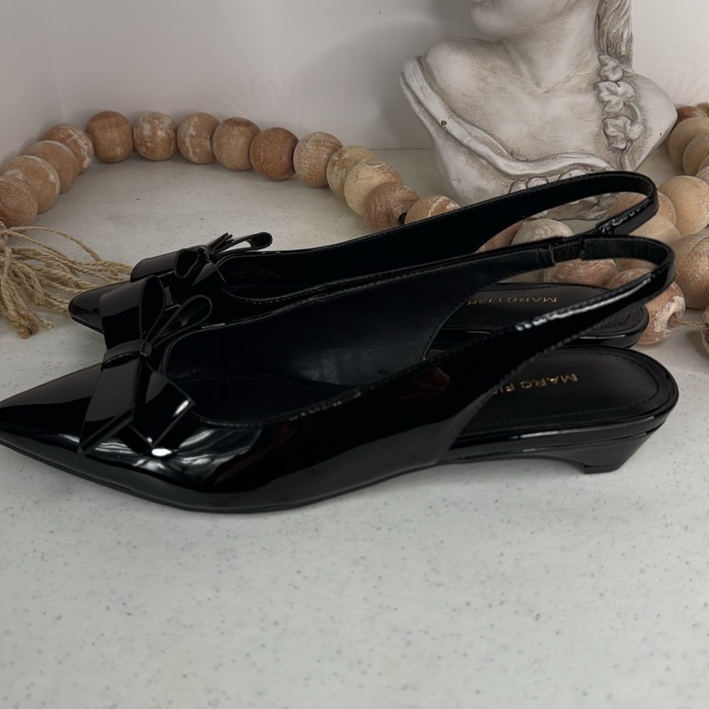 Marc Fisher Black Patent Pointed Toe Slingback Flats with Bow - Picture 6 of 13